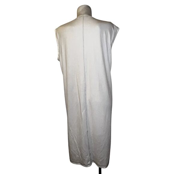 ZARA Dress Sz M White w/Black Stitching V-Neck Midi Slvls Minimalist Shirtdress - Picture 5 of 6